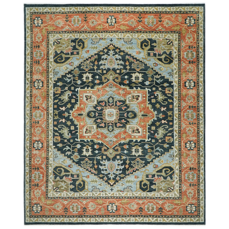 Tapis bleu en laine noué à la main 12 pi 3 po x 15 pi 2 po