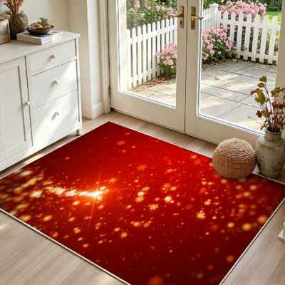 Red Machine Washable,Gold Sparkling Snowflakes and Star Indoor Area Rug