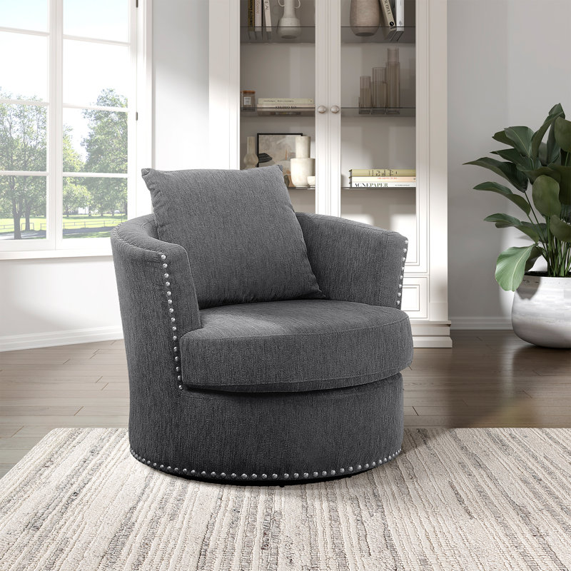 Denaux 33.5" Modern & Contemporary Swivel Chair with Chenille Fabric Upholstery, Nailhead Trim, Foam over Pocket Coils
