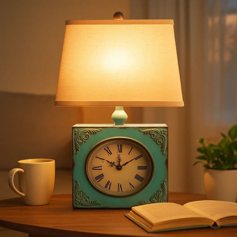 Ivayla Clock Design Metal Table Lamp with Tapered Shade, Blue and Beige, Bllue
