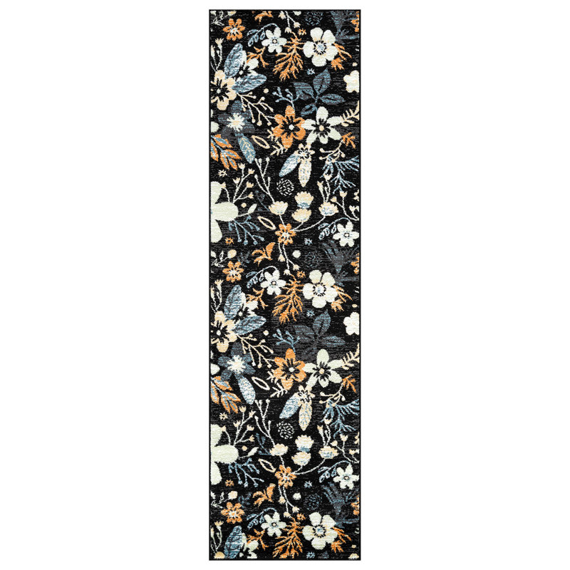 Tapis noir à motif floral multicolore, Tapis de couloir 2 pi 2 po x 12 pi