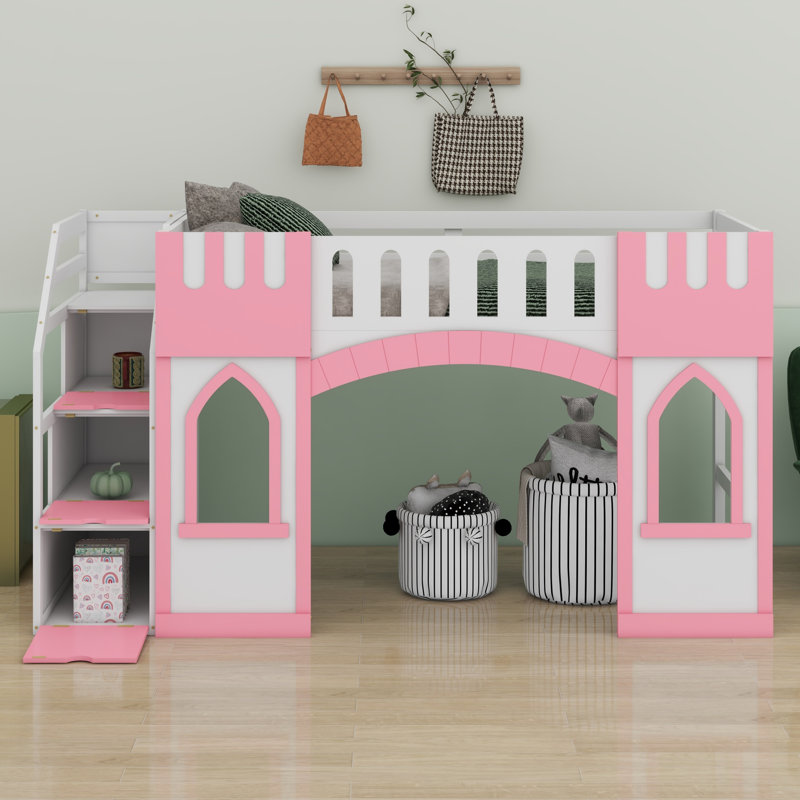Twin Size Loft Bed With Storage Staircase And Window, Pink