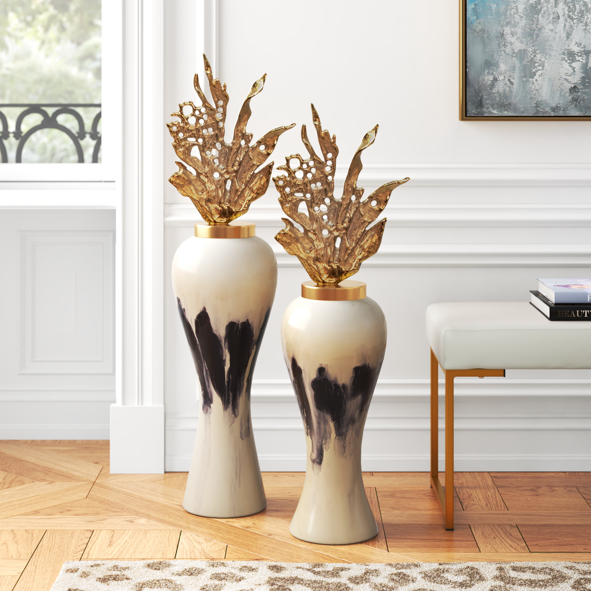 Etta Avenue™ Metal Vase - Contemporary Glam Aluminum And Glass Vase With  Creative Leaf Lid In White, Black And Gold - Decorative Table Decor &  Reviews | Wayfair