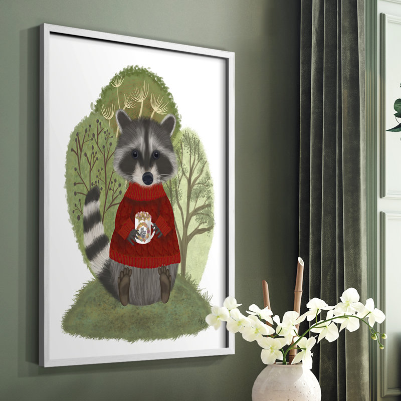 «Hot Chocolate Raccoon», reproduction encadrée - bois massif, Blanc, H 14 po x l 11 po