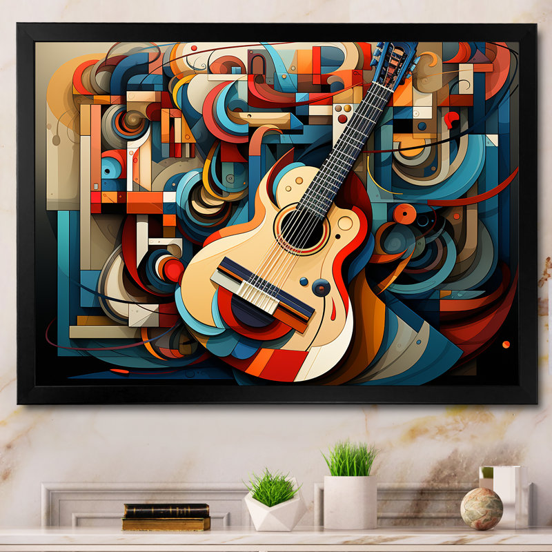 Cubique, mélodie de guitare bleue et blanche - musique, art mural, Cadre d'angle fermé noir, H 24 po x l 32 po x P 1 po