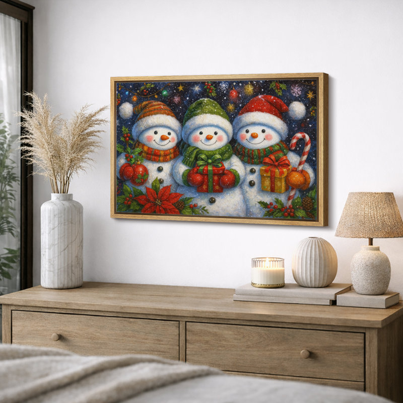 «Christmas Snowmen Artwork Holiday Cheer», reproduction d'art sur toile encadrée, H 24 po x l 36 po x P 1,5 po, Cadre naturel