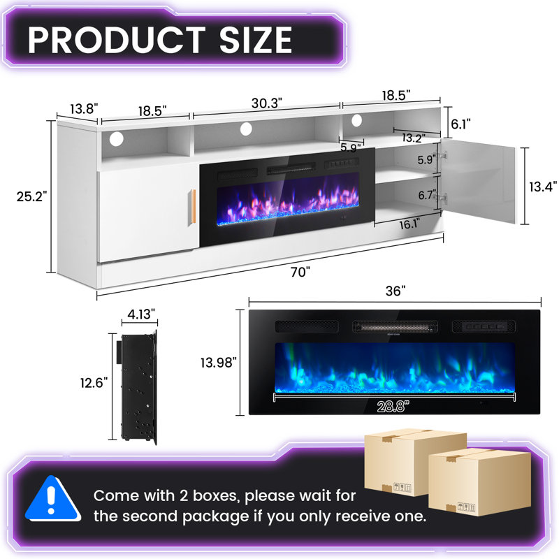 70" Gaming TV Stand for TVs up to 80", Media Console with Electric Fireplace and Large Storage Space, White/Gold