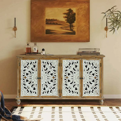 Armoire décorative avec 4 portes, buffet de ferme avec rangement, armoire de rangement moderne avec portes florales sculptées en bois pour le salon, la salle à manger, l'entrée, le couloir, la cuisine