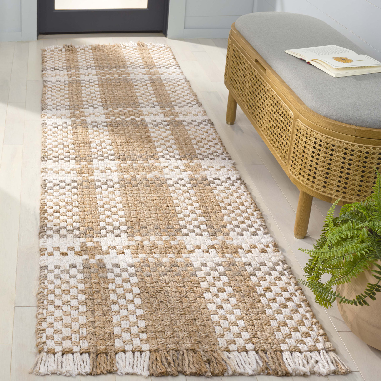 Hand-Woven Plaid Jute Rug, Runner 2'3" x 8'
