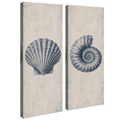 Décoration marine vintage : coquilles Saint-Jacques bleues et ammonites – Ensemble de 2 impressions sur toile encadrées 81 x 30 x 5 cm