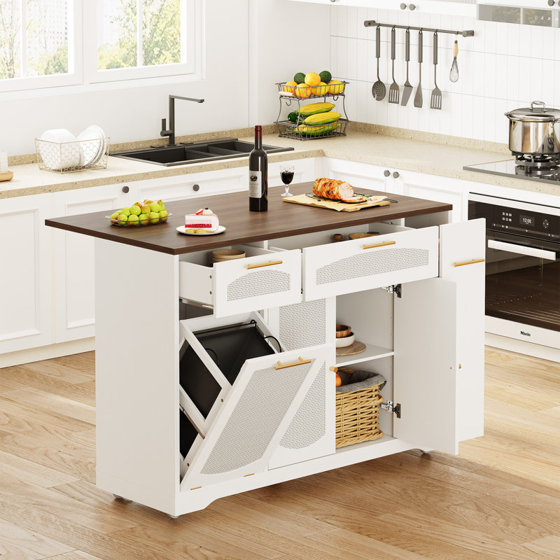 Îlot de cuisine sur roulettes 53,1 po, chariot pour îlot de cuisine roulant en rotin avec barre de petit-déjeuner à abattant, armoire à poubelle basculante
