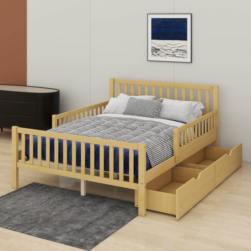 Lit plateforme en bois avec deux tiroirs de rangement et garde-corps, support en lattes de bois, Lit double