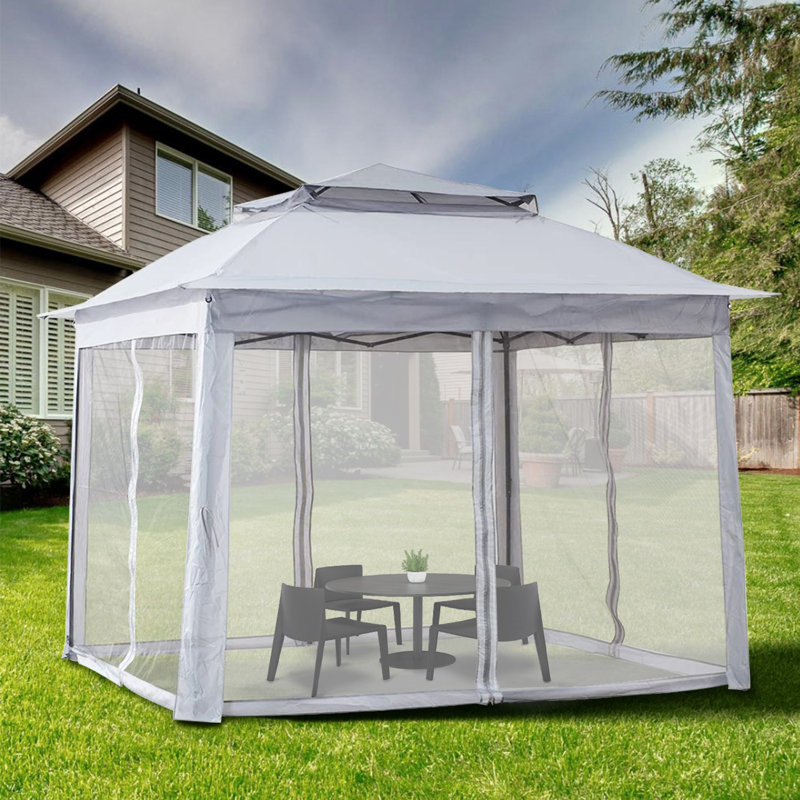 Tente de pavillon de jardin instantanée 11 x 11 pi avec moustiquaire, Gris
