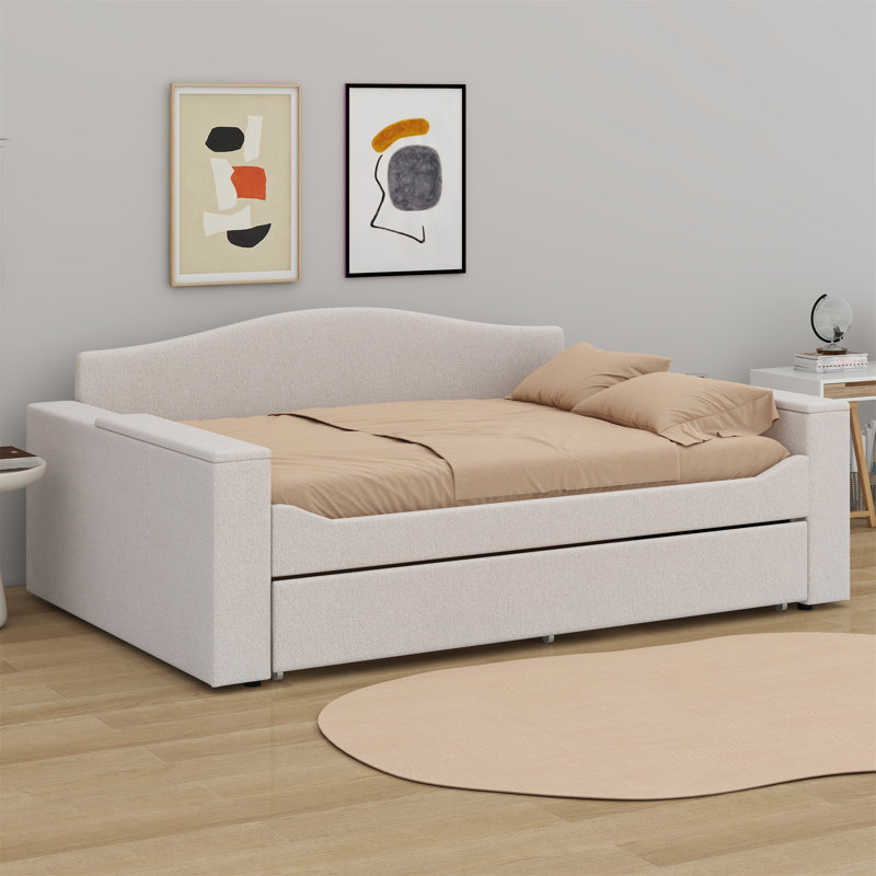 Everlina Full Size Upholstered Daybed with Storage Armrests, Trundle, Beige