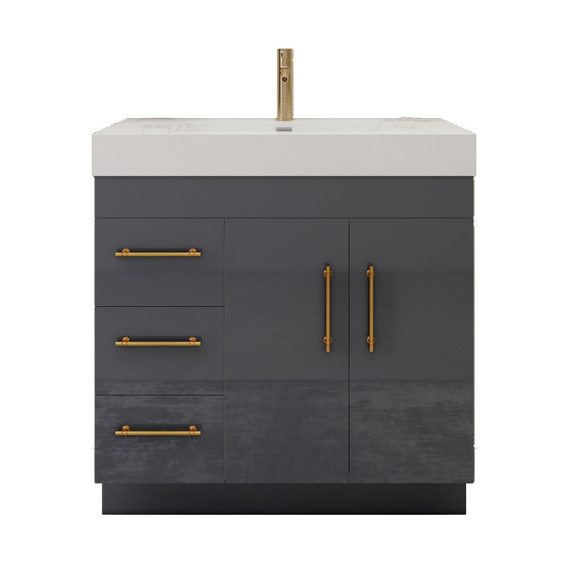 36" Freestanding Single Bathroom Vanity Set with Drawers and Doors, Glossy Gray
