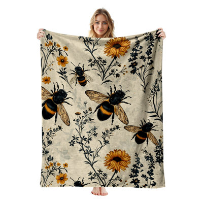 Jeté en flanelle JYK, en microfibre moelleuse, légère, respirante et douce, 50 po x 60 po, crème abeille noire