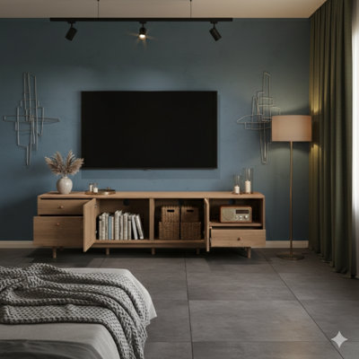 Console multimédia d'inspiration bohème avec détails en rotin véritable, avec rangement ouvert et tiroirs. Un meuble audio-vidéo compatible avec les téléviseurs de 65, 75 et 85 pouces.