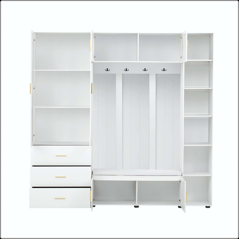 American Style 4-in-1 Hall Tree with Padded Bench & Adjustable Shelves, Ancient White