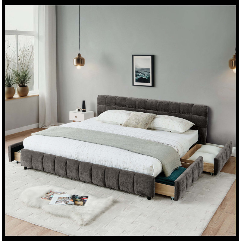 Structure de lit tapissier avec tête de lit et tiroirs de rangement California Chenille, Gris foncé