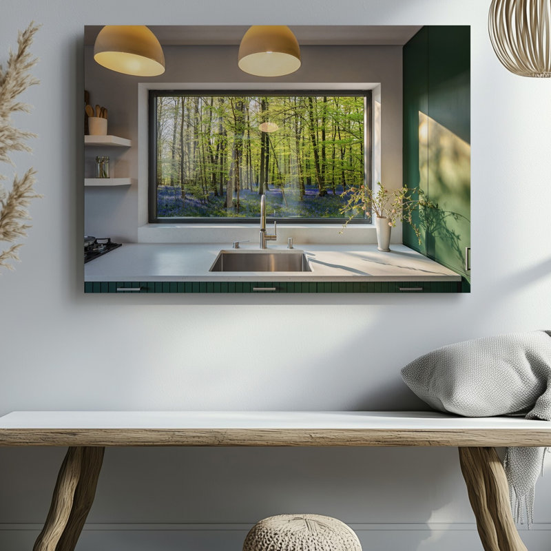 Toile d'un intérieur de cuisine serein avec un élégant comptoir en marbre blanc avec un robinet moderne complété par un art mural sur toile vert riche