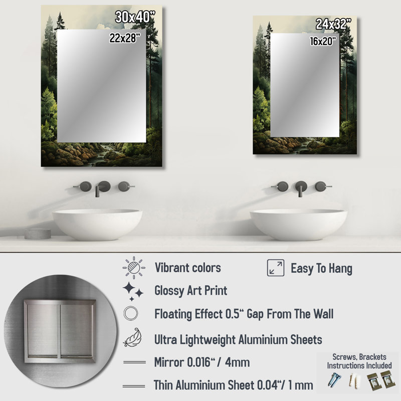 Forêt de pin - miroir décoratif en pin, miroir mural vert, impression d'art en métal, 32 po x 24 po