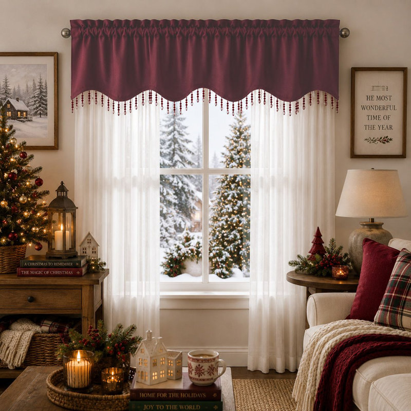  Ensemble de rideau de fenêtre et cantonnière en cristal 3 pièces Christmas Sheer Elegance - Bourgogne, Burgundy