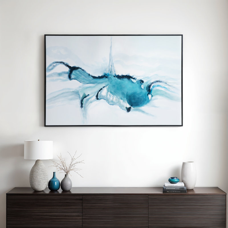 Large Blue and Green Abstract Canvas Painting with Black Frame