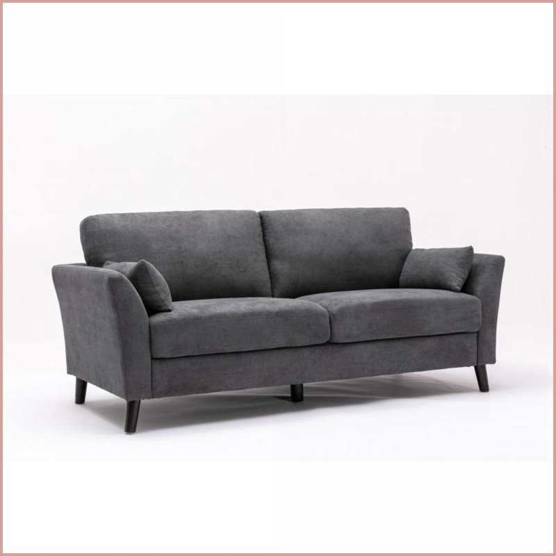 Canapé Damian de 77 po en tissu tissé gris minimaliste moderne, 2 coussins décoratifs, pieds en bois massif pour le salon | Gris | Bois | Dossier serré