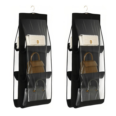 Ensemble de 2 organisateurs de sacs à main suspendus pour placard, 6 compartiments de rangement pour garde-robe peu encombrants avec crochets robustes (noir)