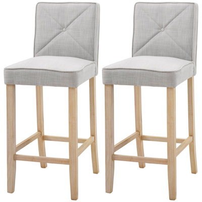 HOMCOM Modern Bar Stools Set Of 2, Upholstered Bar Height Kitchen Stools With Build-In Footrest, Solid Wood Legs, Beige
