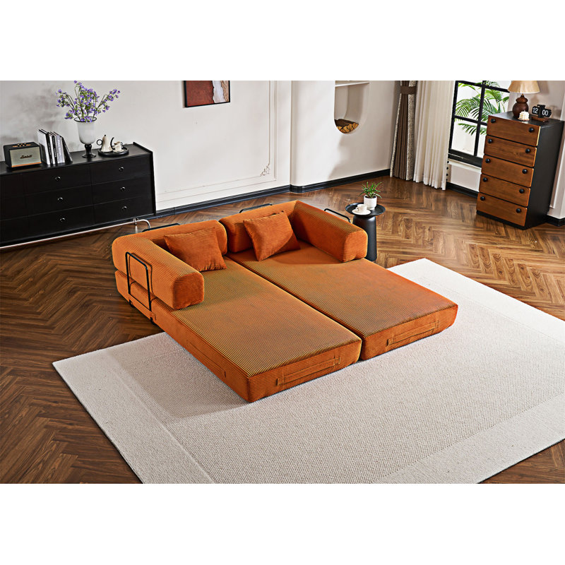 Canapé-lit convertible avec coussin, L 77,96 po, Velours côtelé orange