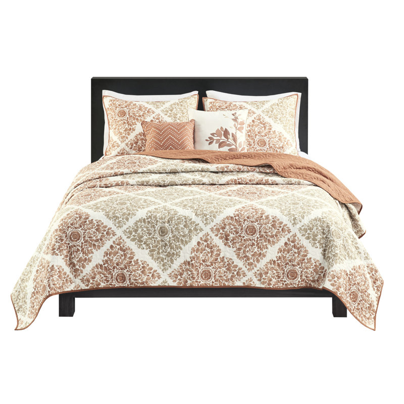 Courtepointe pour lit double / grand lit 6 pièces, imprimé de feuille réversible, motif de losanges, tissu en microfibre, revers de couleur unie, coussins décoratifs avec
