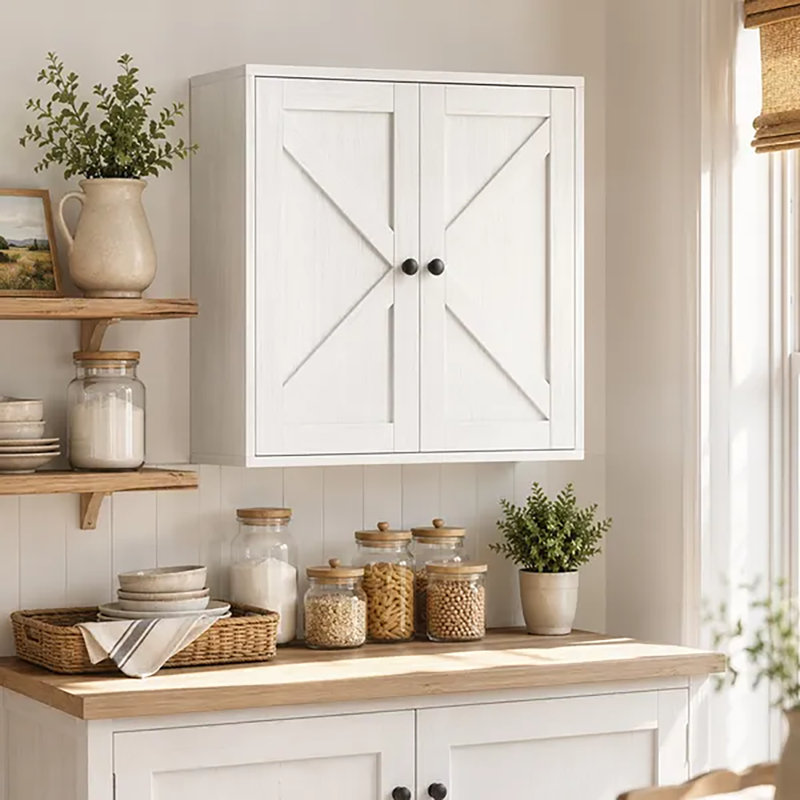 Armoire de salle de bain murale blanche de style campagnard, armoire à pharmacie de style grange avec étagères réglables, armoire de rangement murale en panneaux de fibres de moyenne densité