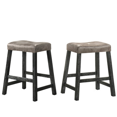 Rustic Backless Counter Stool , 25-Inch Wooden With Brown Faux Leather Padded Seat, Distressed Finish, And Comfortable For Bars Of 2, Cushioned Frame, Suitable Entertainment Spaces
