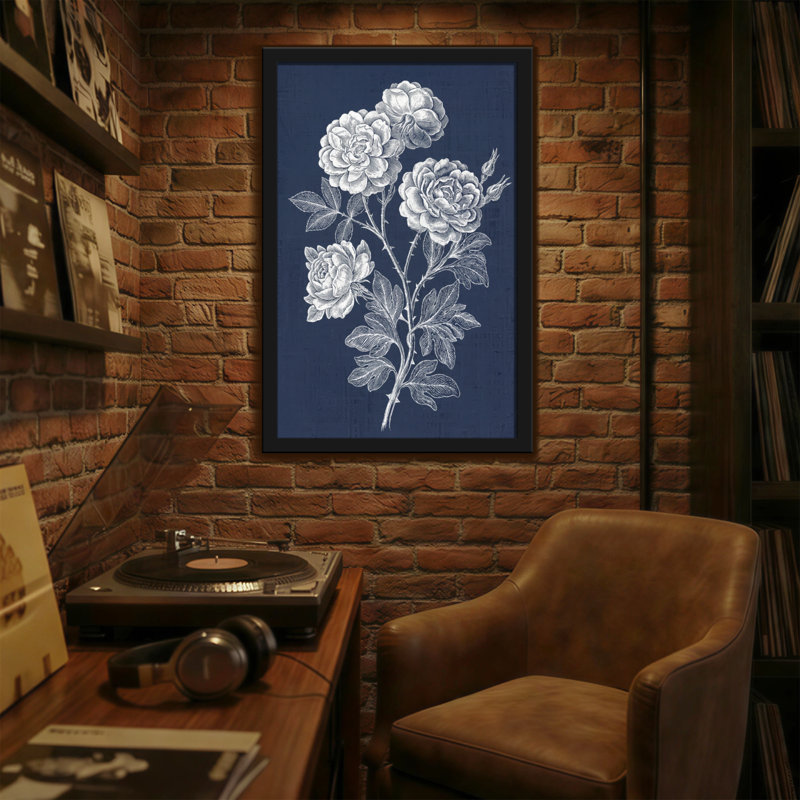 Plantes et fleurs roses blanches sur fond bleu marine, reproduction sur toile, H 30 po x l 20 po