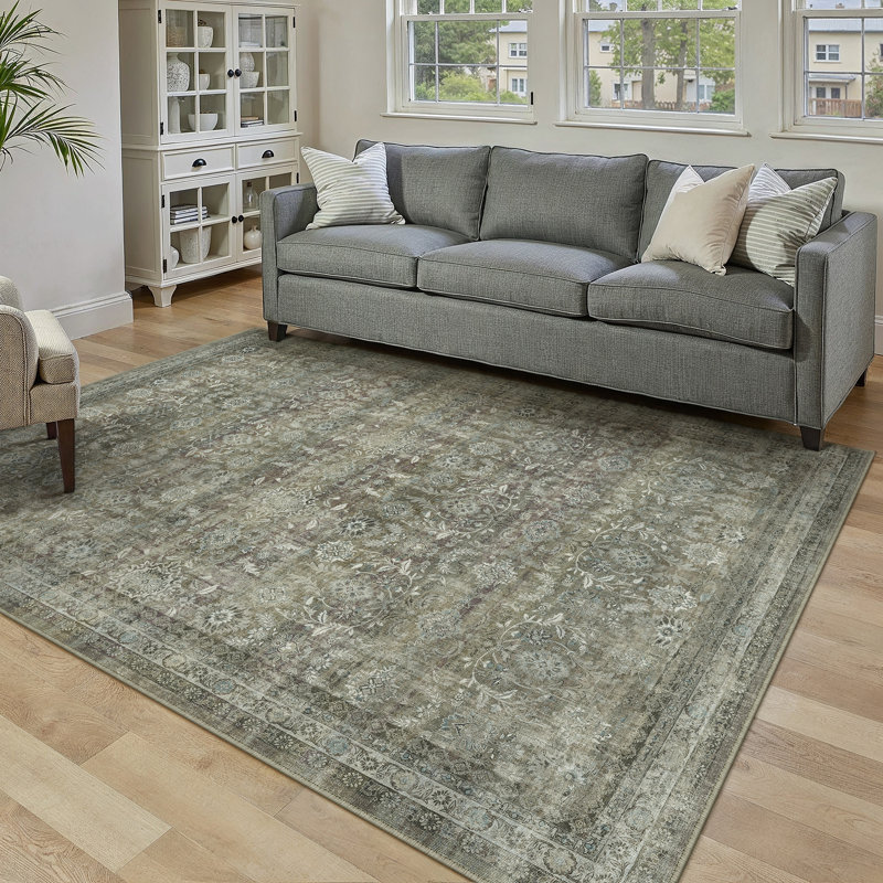 Tapis Amber Vintage à motif intégral lavable avec envers antidérapant, Rectangle 5 pi x 7 pi