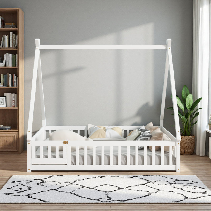 Tent-Shaped Floor Bed,Teepee Bed With Guardrails,Slats, Full, White