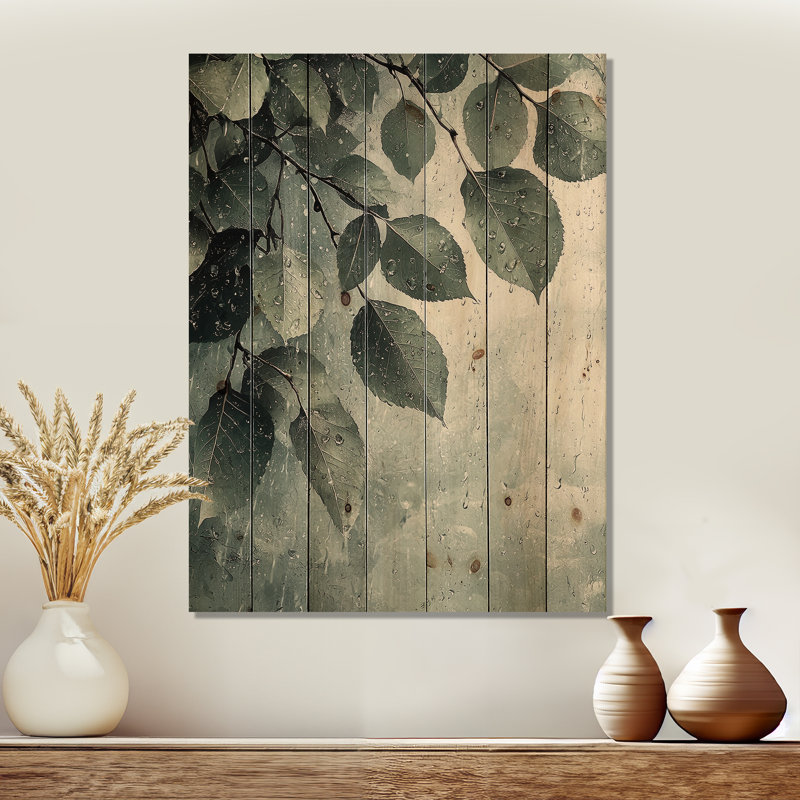Rainy Day Leaves Collage I - Art mural en bois de feuilles - sur bois de pin naturel, H 20 po x l 10 po