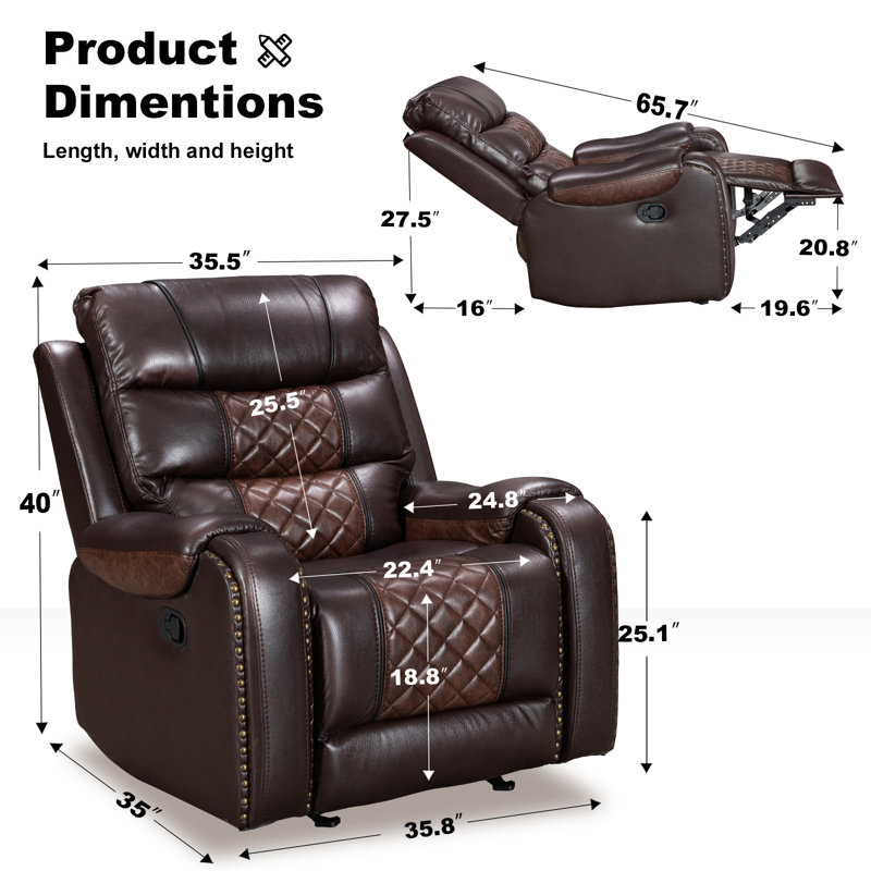 Fauteuil inclinable manuel berçant en cuir de polyuréthane de 35,8 po Ambridge Crovetti, Brun / brun clair