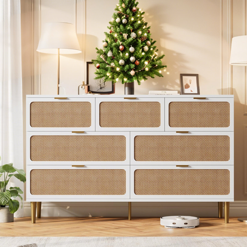 Rattan 7 Drawer Dressers for Bedroom, Tall Dresser with Deep Drawers, White