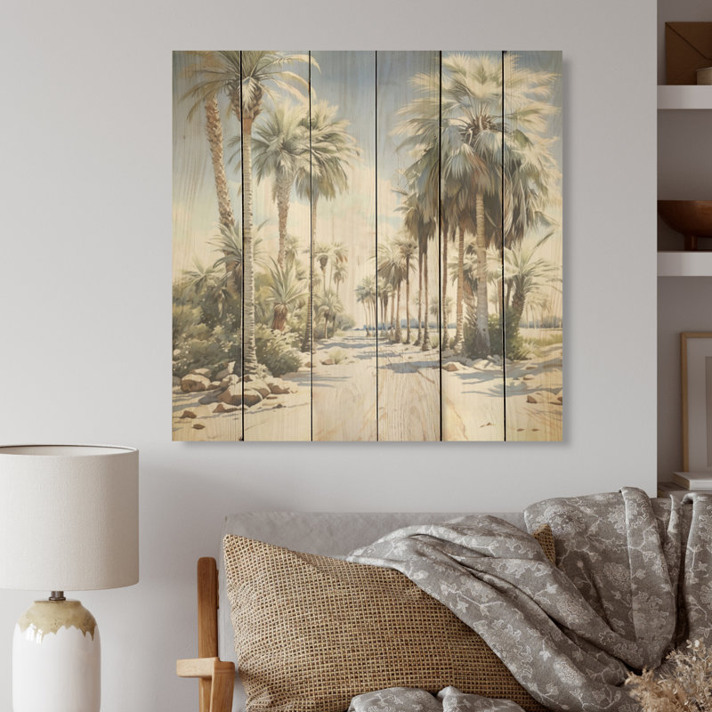 Pearl Desert Palms Oasis - Palms & Palm Trees Wood Art On Natural Pine Wood, 15" H x 15" W