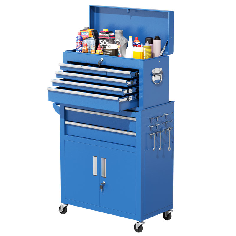 Coffre à outils 8 tiroirs, armoire à outils amovible en métal 2-en-1 avec roues verrouillables, Bleu