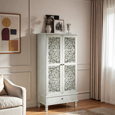Vintage Pantry Cabinet With Drawer, 2 Hollow-carved Doors And Legs