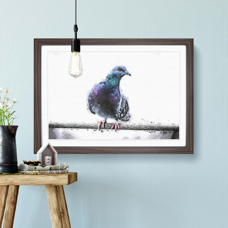Pigeon Bird on a Wire - Picture Frame Painting Print on MDF, 27cm H x 36cm W x 2cm D, Walnut Framed