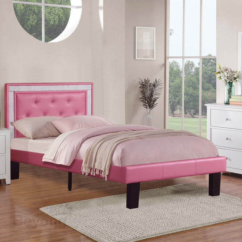 Mobilier de chambre à coucher moderne 1 lit simple en similicuir rose avec pieds en bois capitonnés, Simple