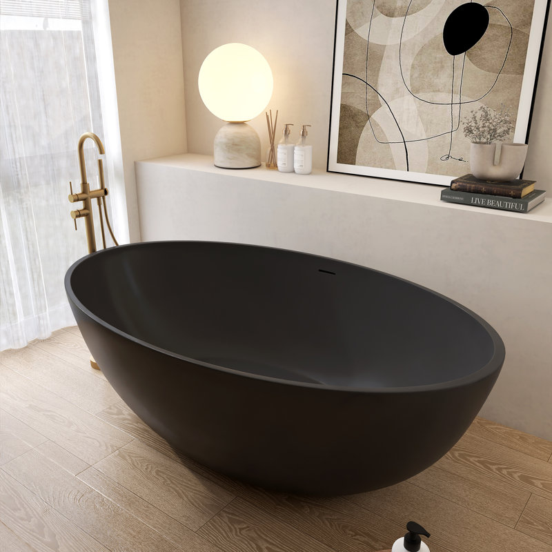 67" Freestanding Solid Surface Soaking Oval Bathtub, Matte Black