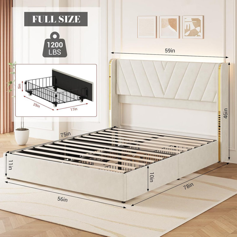 Structure de lit tapissier à DEL avec 4 tiroirs de rangement, aucun sommier nécessaire, Lit double