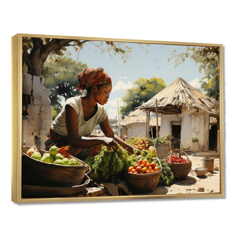 African Vibrant Market III On Canvas Print, Gold Floater Framed, 16" H x 32" W x 1" D