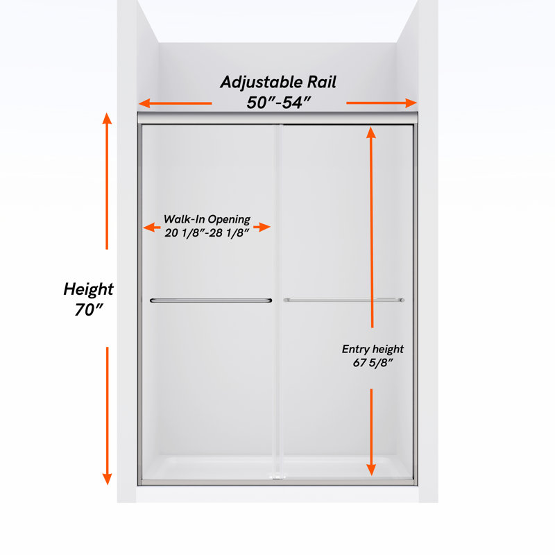 50" - 54" W x 70" H Double Sliding Semi-Frameless Shower Door with 1/4" (6mm) Crystal Clear Tempered Glass, Chrome
