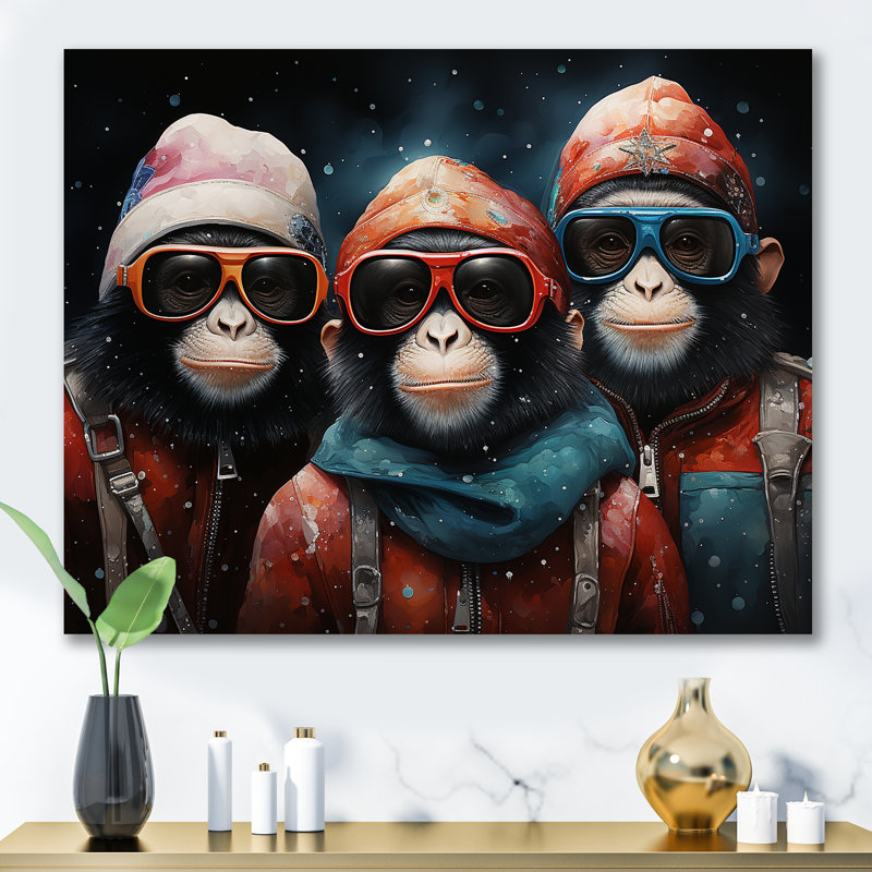 Popart Monkeys At The North Pole - Art mural singe, Toile tendue, H 24 po x l 32 po x P 1 po